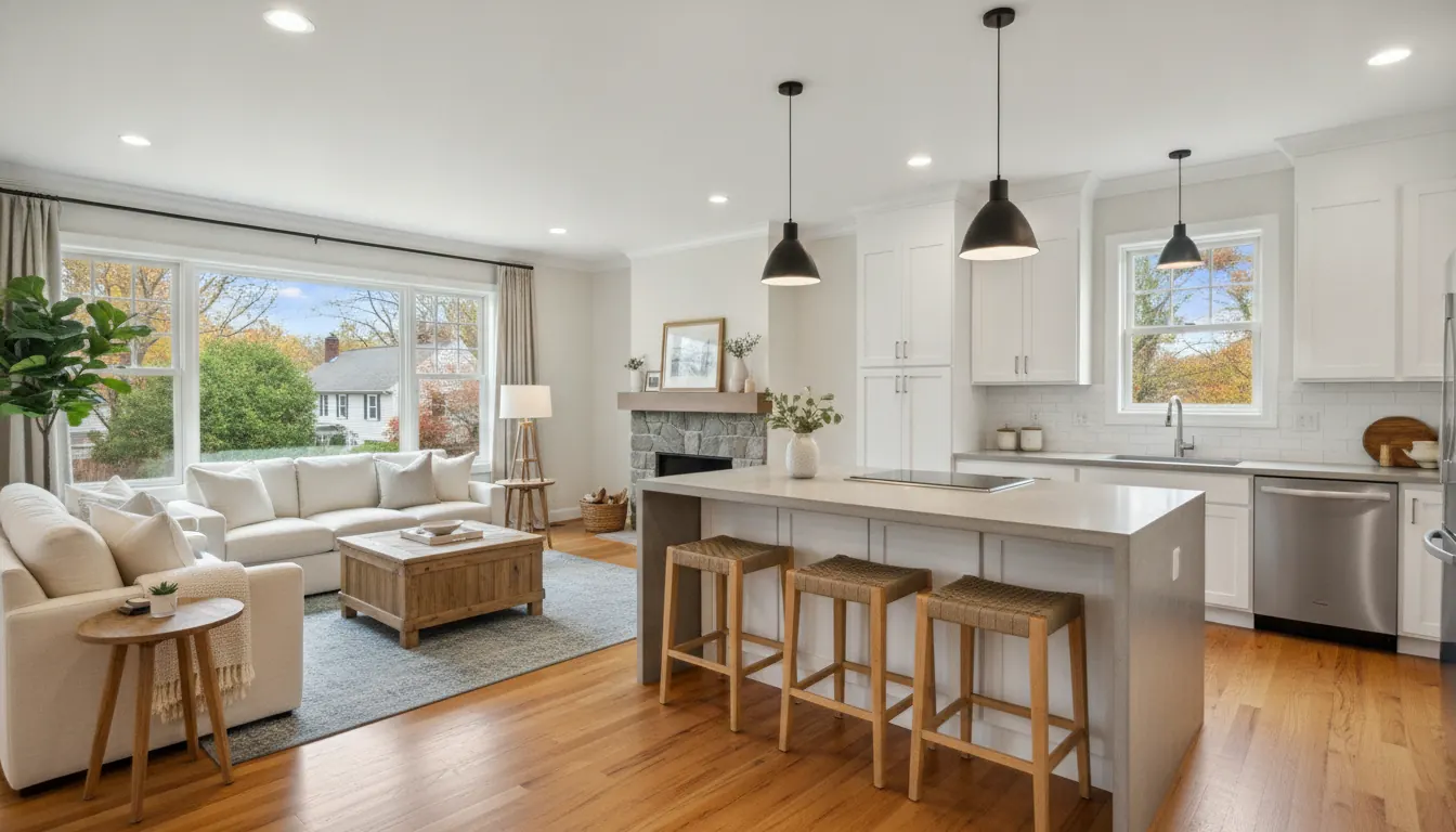 Same room fully finished and furnished, with a bright kitchen and living area