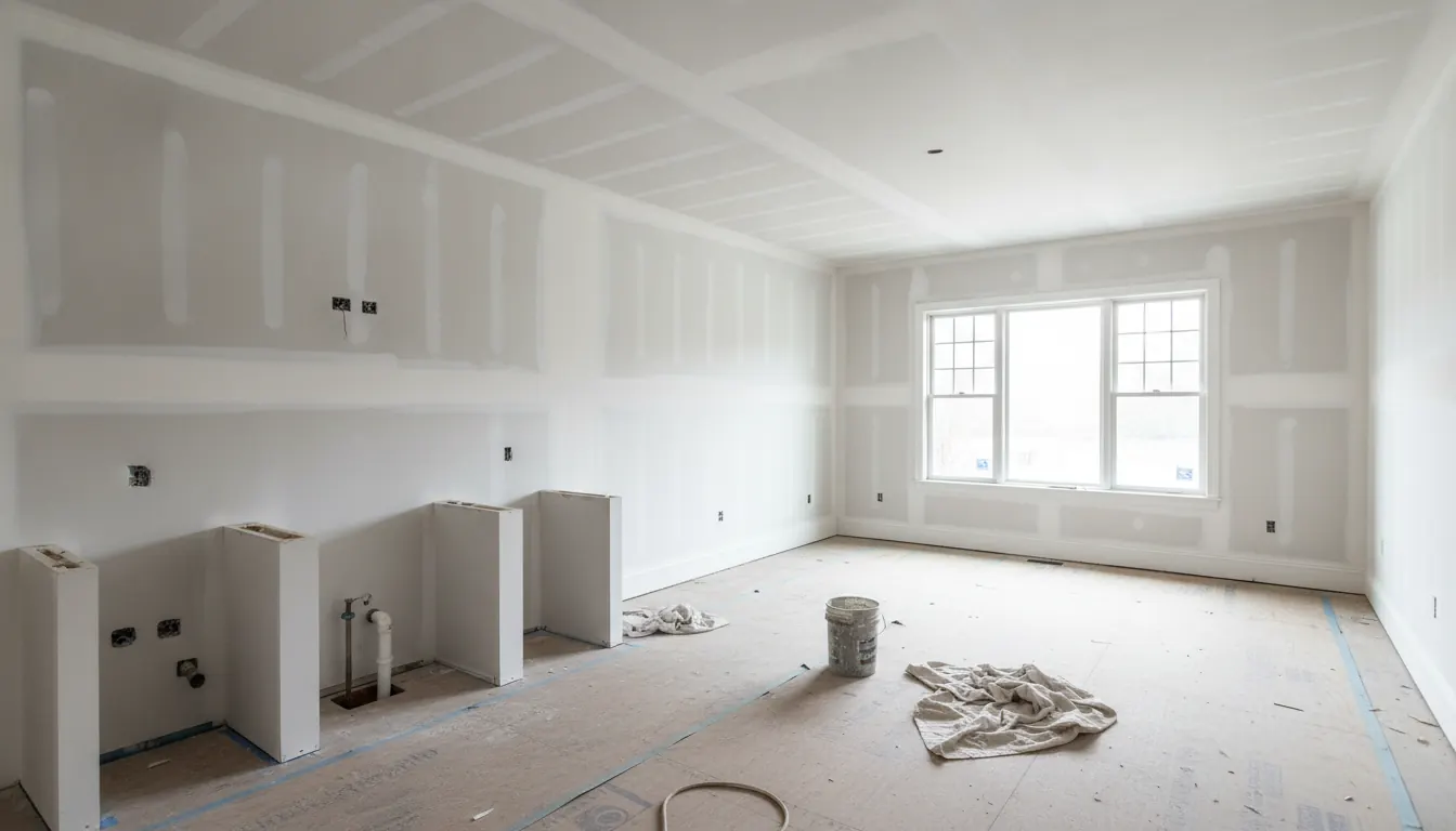 Same room with new drywall taped and primed, cabinets not yet installed