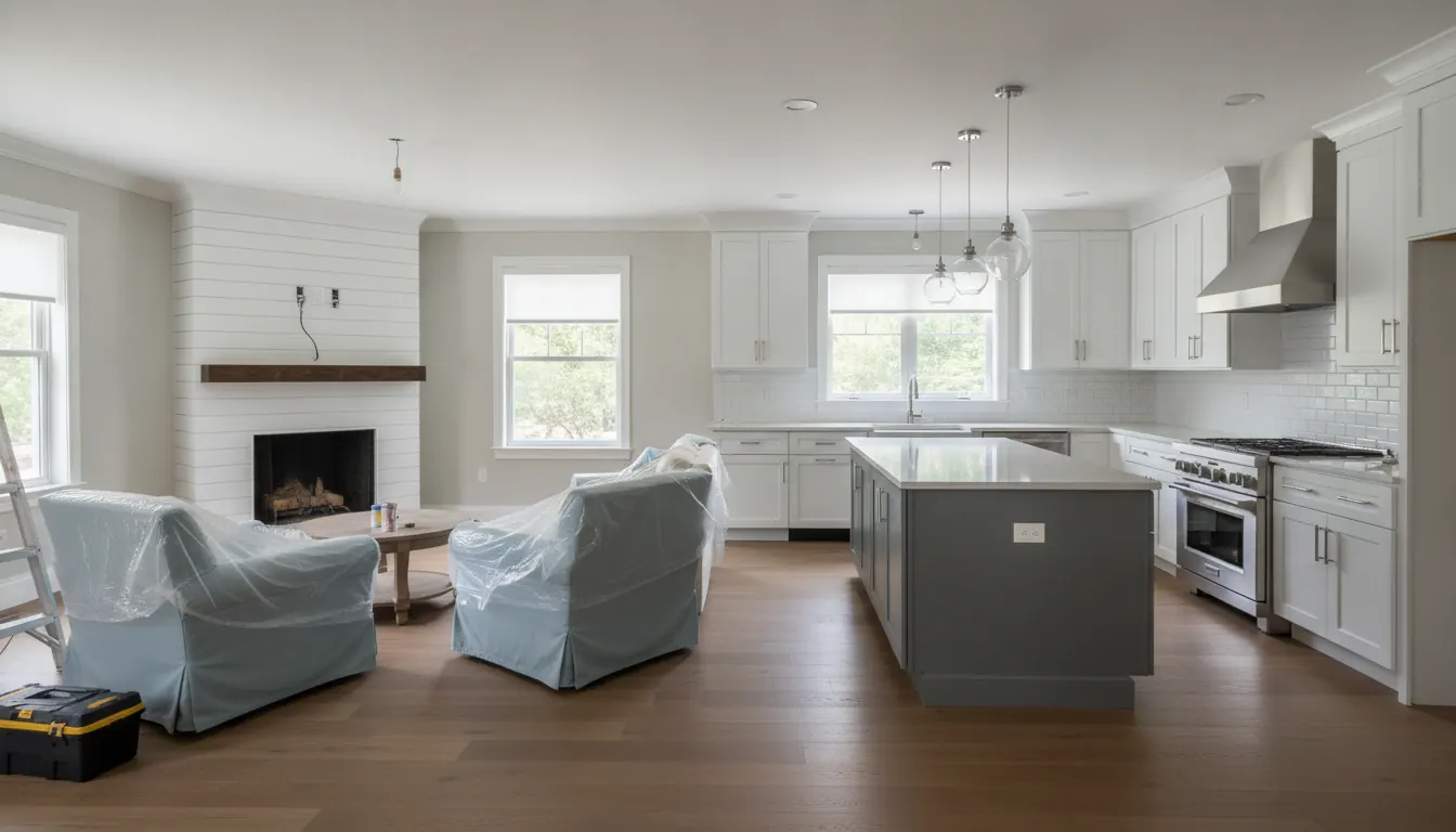 Same room with flooring, kitchen cabinets and trim installed, nearly complete