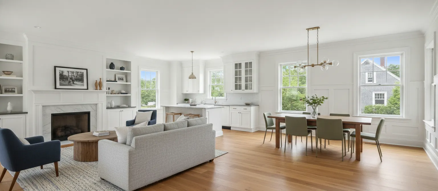 Renovated open-plan living room and kitchen in a Massachusetts home