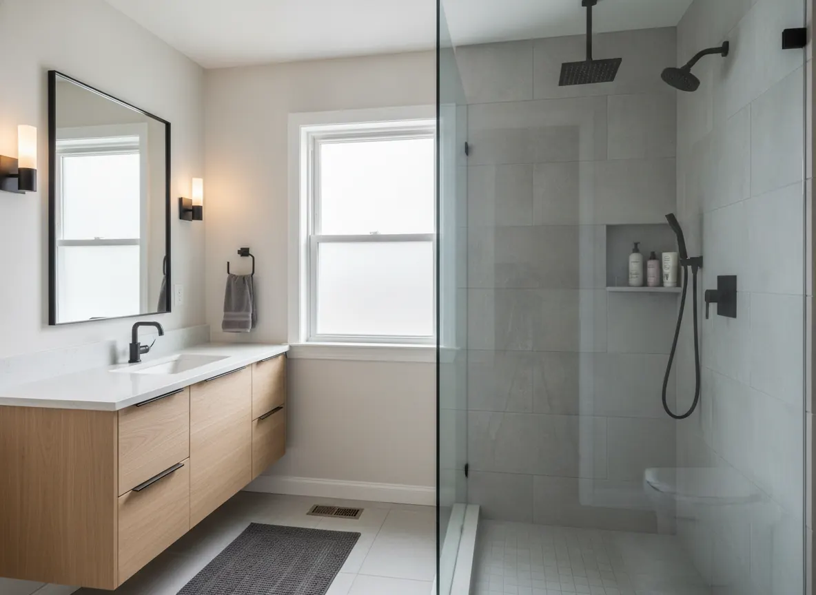 Remodeled bathroom with new tile shower, vanity and fixtures in a Massachusetts home