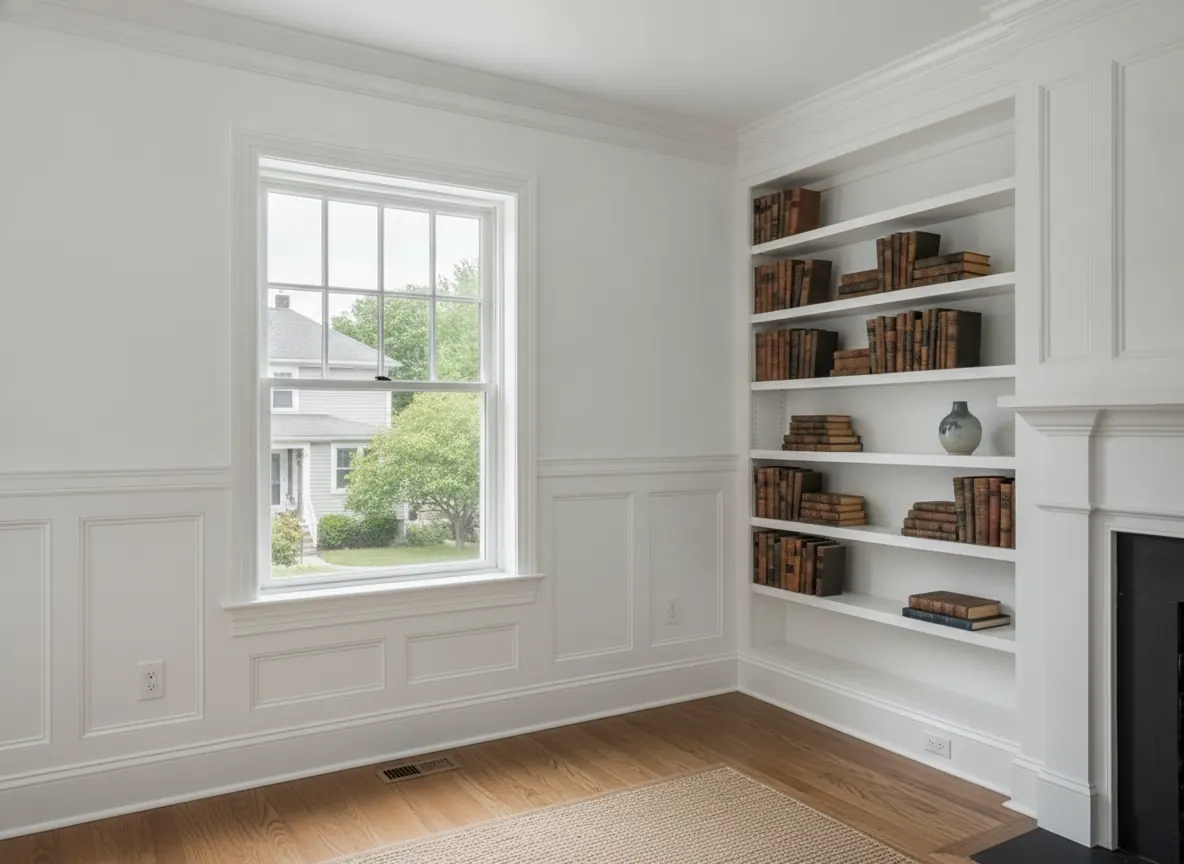 Custom built-in bookshelves, crown molding and wainscoting in a New England home