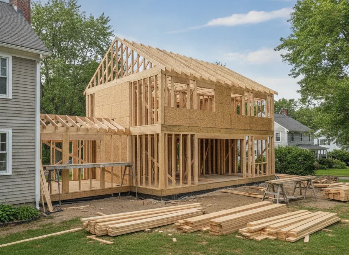 Home addition in new wood framing next to a New England colonial