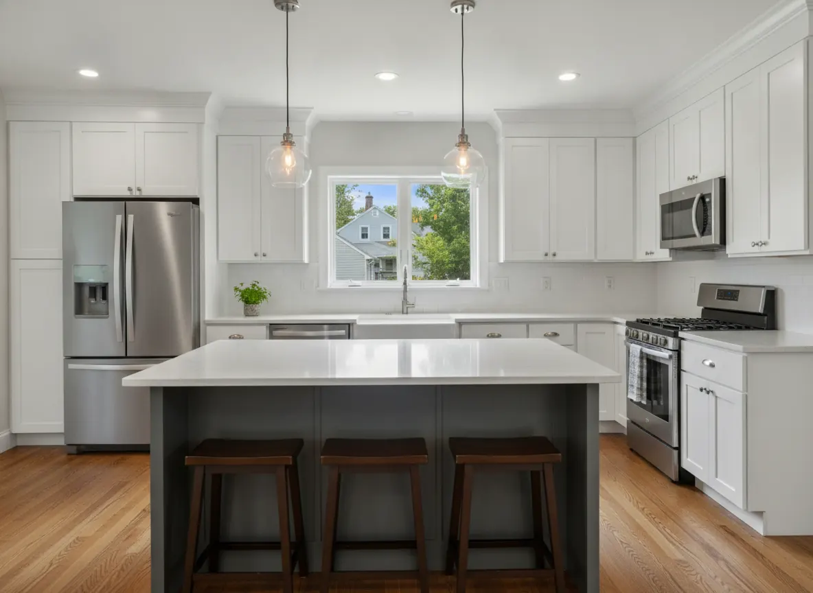 Remodeled kitchen with new cabinets, stone countertops and tile backsplash in a Massachusetts home